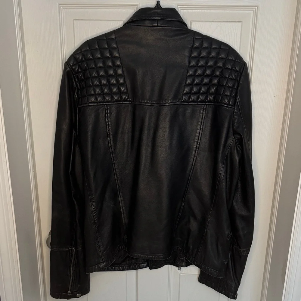 All Saints Mens Black Leather Biker Jacket with Quilted Shoulders